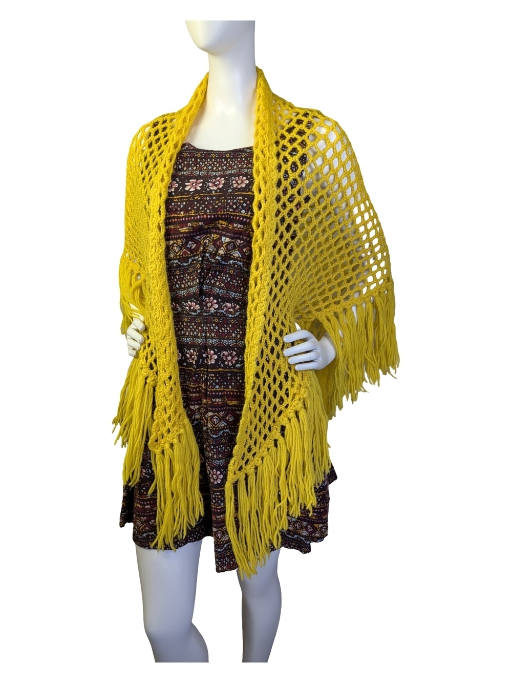 Handmade Vintage Yellow Crochet Fringe Poncho Scalloped Boho Festival Wrap
